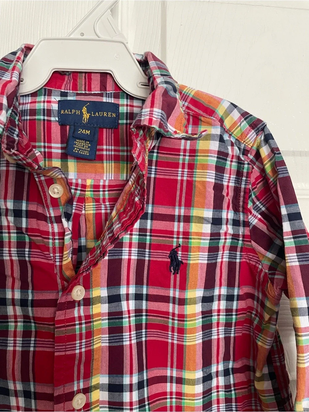 Ralph Lauren 18-24 Months Red Plaid Button-Down Shirt for Kids 100% Cotton